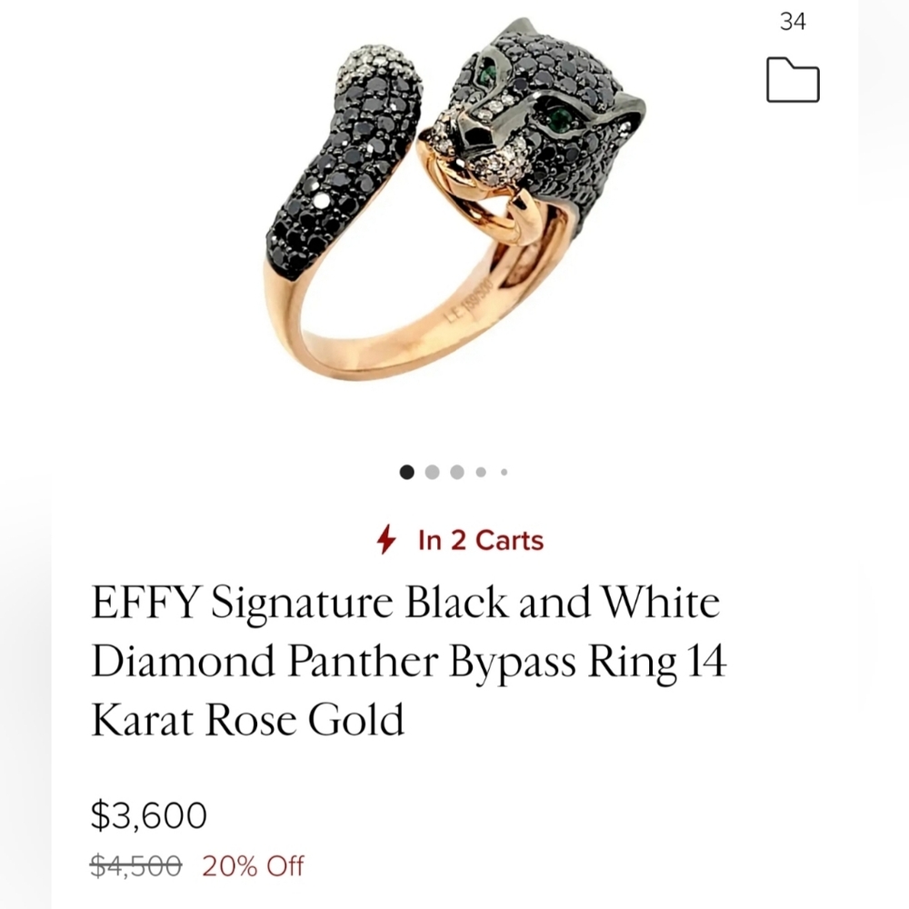 EFFY Signature Black and White Diamond Panther 14 Karat Rose Gold Ring
